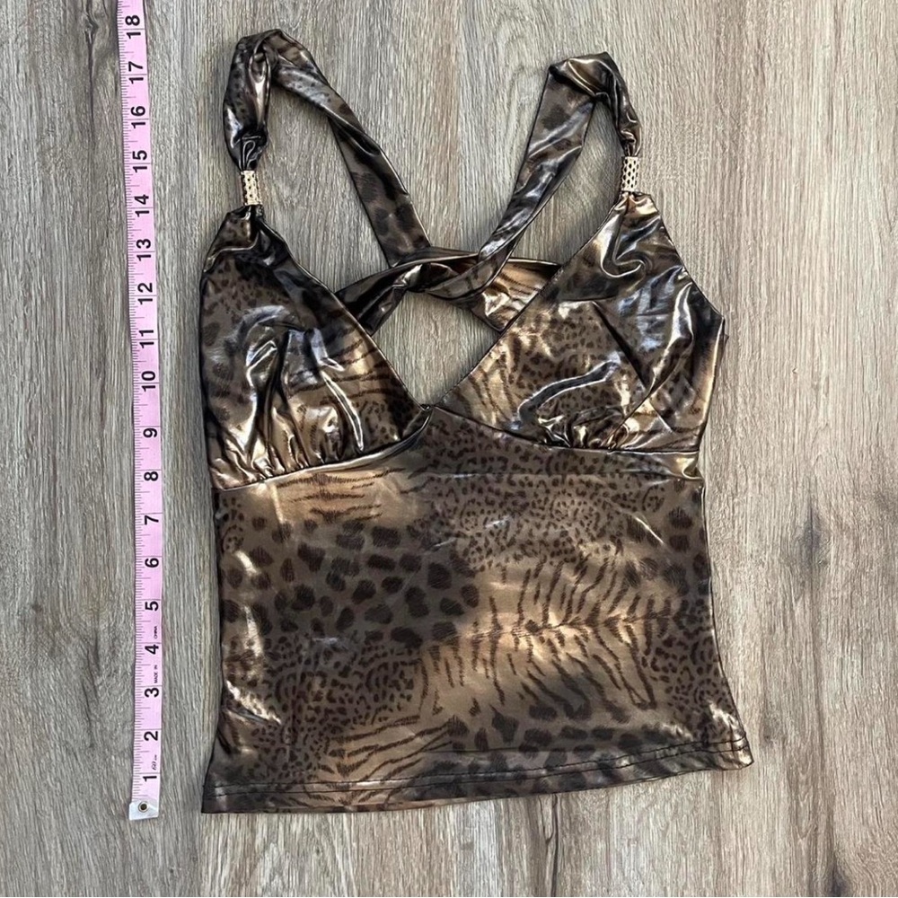 Chic Leopard Print Crop Top Beautiful y2k Vintage Backless π Gold Metallic Tops - Picture 4 of 6